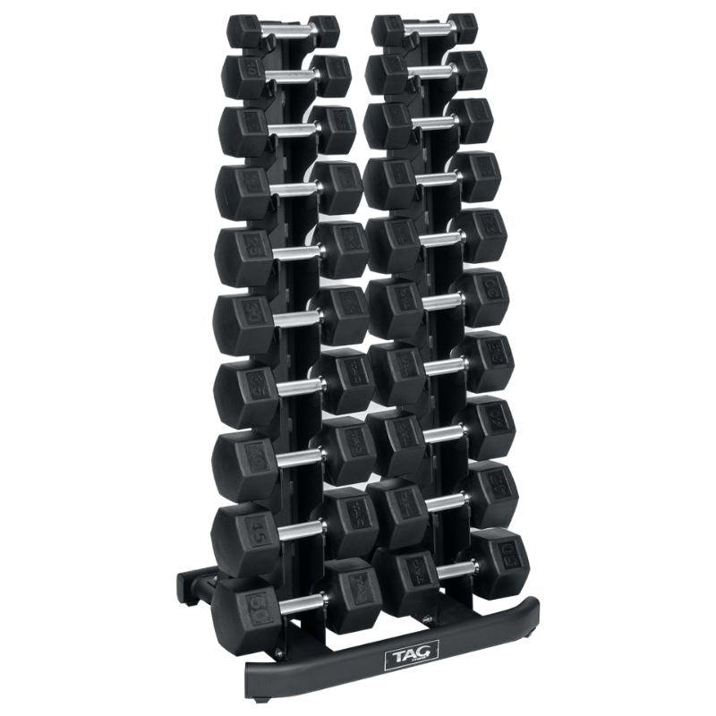 TAG Fitness 5-50 lb HEX Vertical Dumbbell Set with Rack (Holds 10 Pairs)