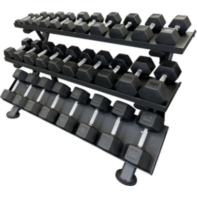 TAG Fitness 5-75 lb Dumbbells Set with 3 Tier Dumbbell Rack (15 Pairs) Angled View