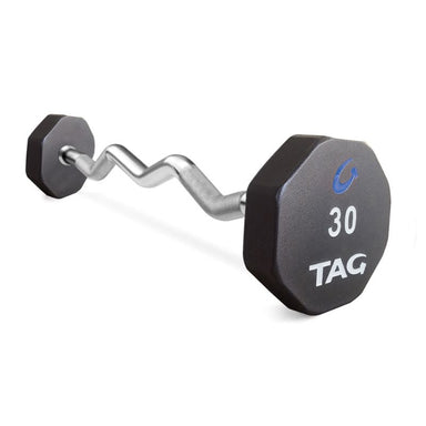 TAG Fitness 8-Sided Virgin Rubber EZ Fixed Barbell Set with Rack 30 lb Fixed Barbell in white Background