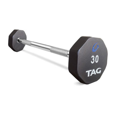 TAG Fitness 8-Sided Virgin Rubber Straight Bar Fixed Barbell Set with Rack 30 lb in white Background