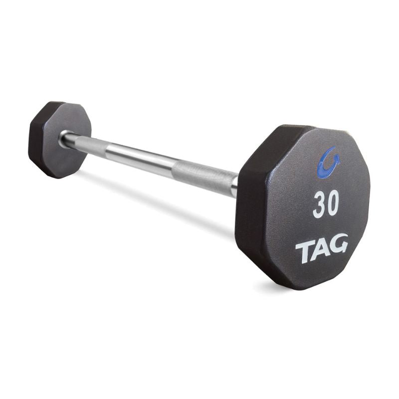 TAG Fitness 8-Sided Virgin Rubber Straight Bar Fixed Barbell Set with Rack 30 lb in white Background