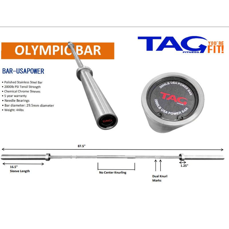 TAG Fitness BAR-PWR2000 Olympic Power Bar Dimensions