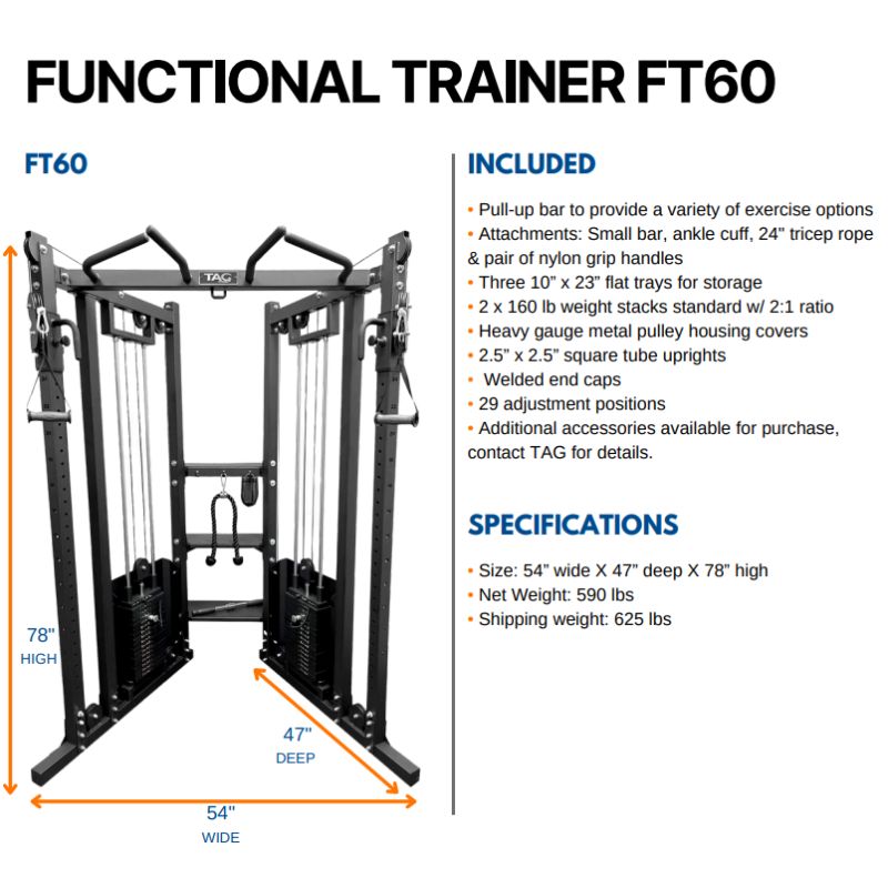 TAG Fitness FT60 Functional Trainer 2x160lb Stacks Black Frame Dimensions and Details