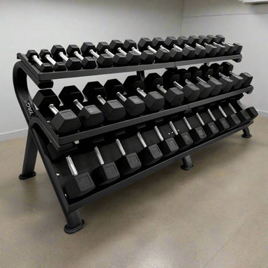 TAG Fitness HEX-MEGA Rack - 3 Tier Dumbbell Rack Left Side View with Dumbbells