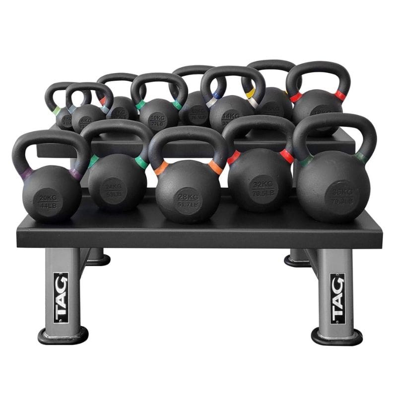 TAG Fitness KETL Powder Coated Kettlebell with 2 tier rack front view