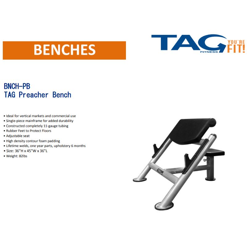 TAG Fitness Preacher Bench - Black Frame Specifications