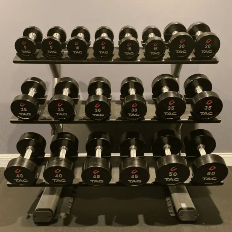 TAG Fitness Premium Ultrathane Dumbbell Set with Rack inside Gym Front View