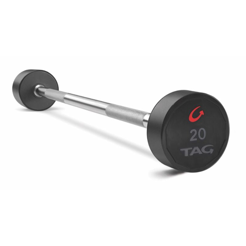 TAG Fitness Premium Ultrathane Fixed Barbell Set with Straight Handle with Rack 20 lb Fixed Barbell in white Background