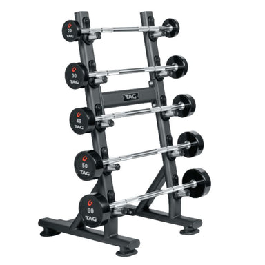 TAG Fitness Premium Urethane Fixed Straight Barbell Set with Rack (5 Bars) on a white background