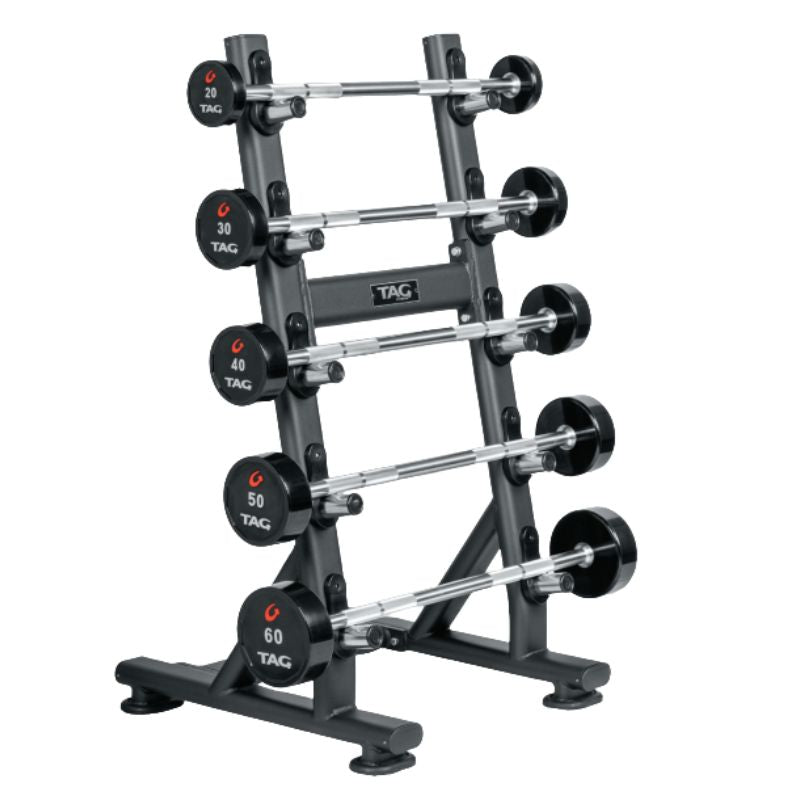 TAG Fitness Premium Urethane Fixed Straight Barbell Set with Rack (5 Bars) on a white background