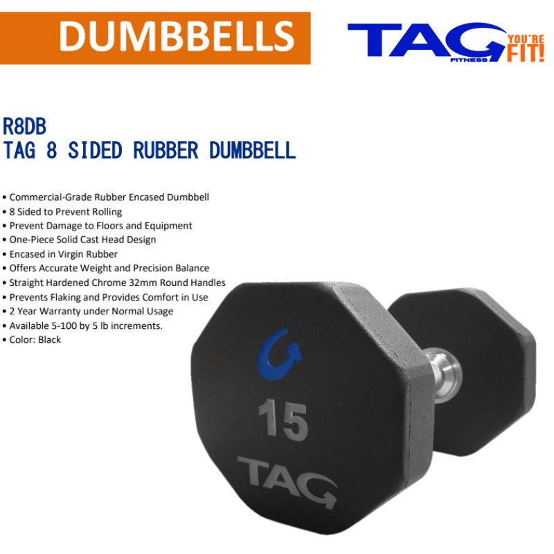 TAG Fitness R8DB 8-Sided Virgin Rubber Dumbbell Sets Details