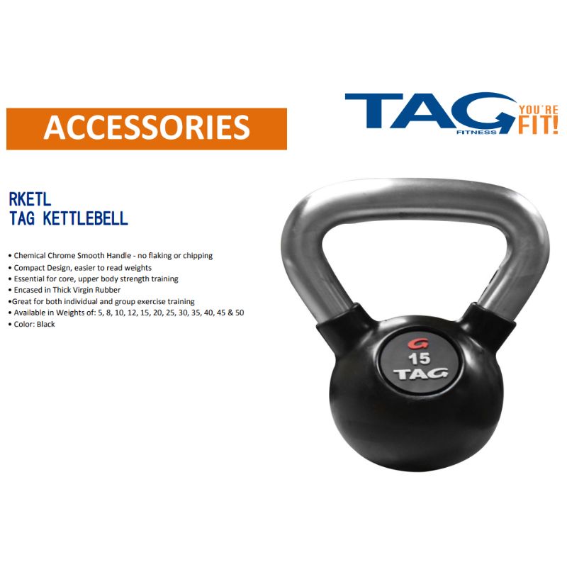 TAG Fitness RKETL Rubber Encased Kettlebell with Chemical Chrome Handle Specifications