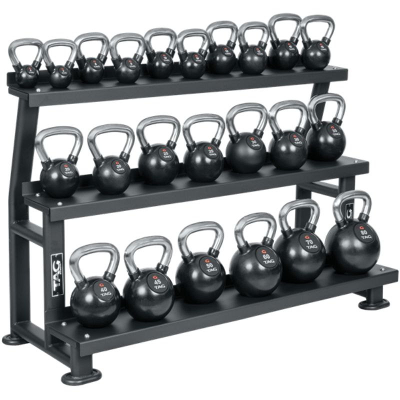 TAG Fitness Rubber Coated Kettlebell Set with 3  Tier Rack