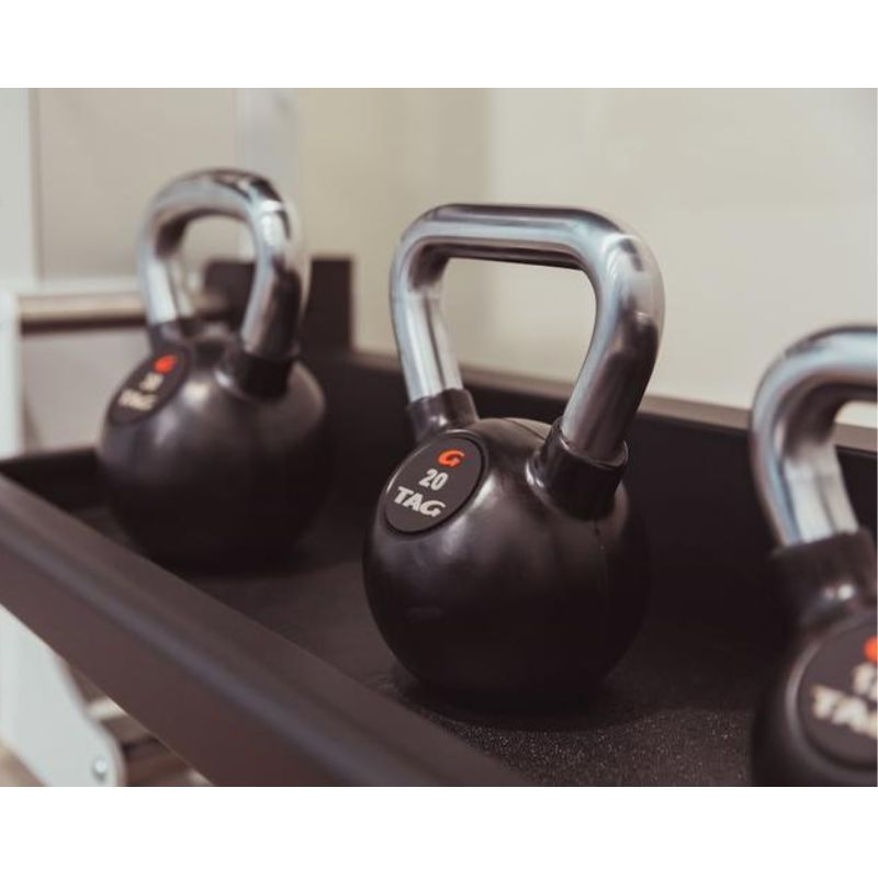 TAG Fitness Rubber Encased Kettlebell with Chemical Chrome Handle 20 lbs close up detail