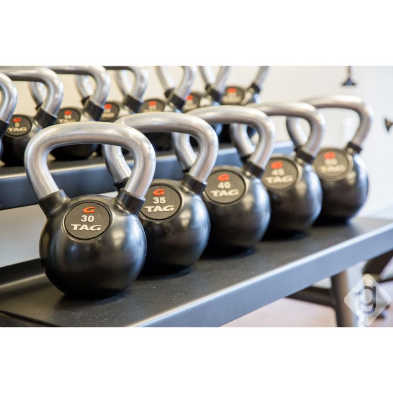 TAG Fitness Rubber Encased Kettlebell with Chemical Chrome Handle 5 lbs to 50 lbs Set with Rack