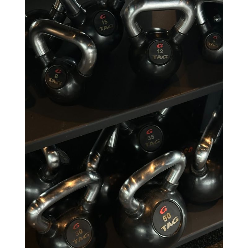 TAG Fitness Rubber Encased Kettlebell with Chemical Chrome Handle Set in Rack