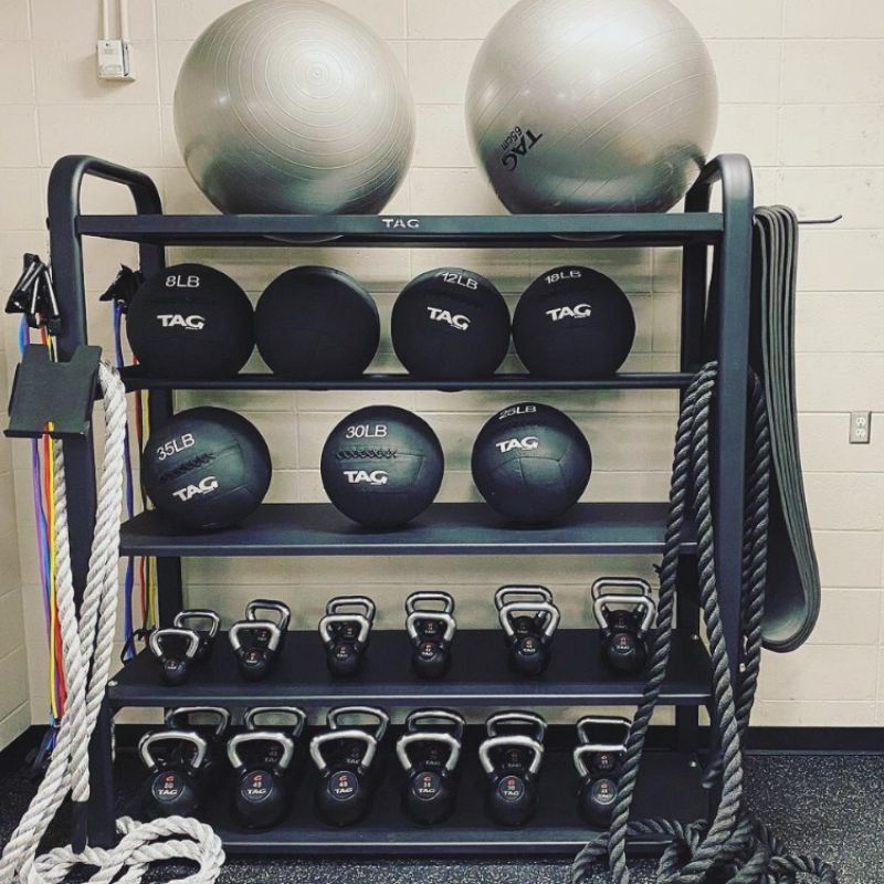 TAG Fitness Rubber Encased Kettlebell with Chemical Chrome Handle Set with Rack and other Accessories
