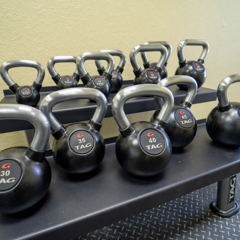 TAG Fitness Rubber Encased Kettlebell with Chemical Chrome Handle Set with TAG Fitness Rack