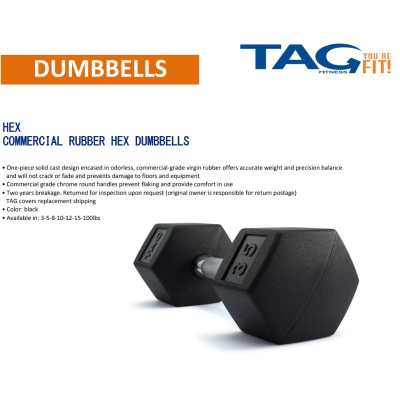TAG Fitness Rubber Hex Dumbbell Features and Details