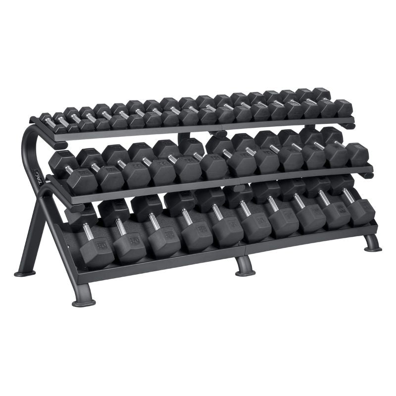 TAG Fitness Rubber Hex Dumbbell Set with Mega Rack 5-100lb Dumbbells Set