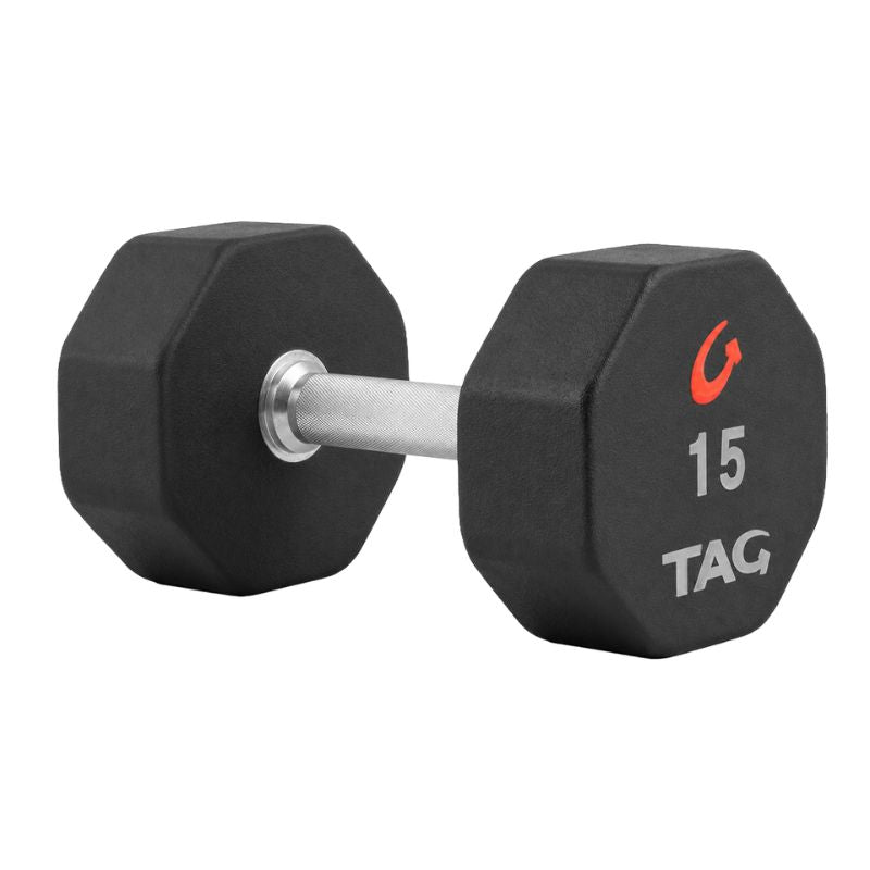 TAG 8-Sided Pro-Style Urethane Dumbbell Set with 3-Tier Saddle Rack (10 Pair)