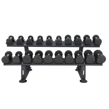 TKO 10 Pair Dumbbell Rack with Saddles - 7051B-BK Front View with Dumbbells