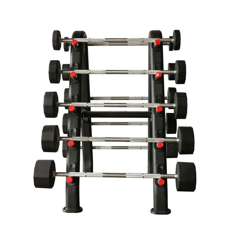 TKO 20-110lb rubber Straight barbells w_ 10 set rack with Red knob