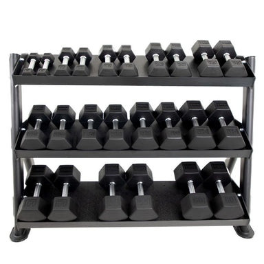TKO 5-50lb Straight Handle Rubber Hex Dumbbell Set with 3 Tier Universal Rack