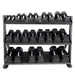 TKO 5-50lb Straight Handle Rubber Hex Dumbbell Set with 3 Tier Universal Rack