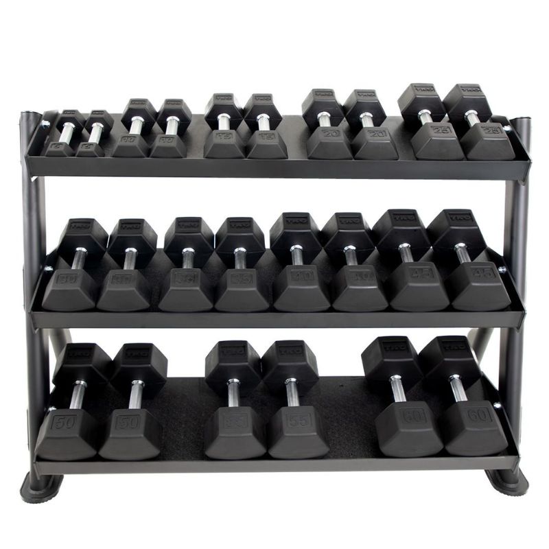 TKO 5-50lb Straight Handle Rubber Hex Dumbbell Set with 3 Tier Universal Rack