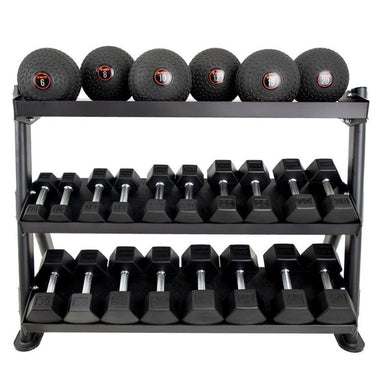 TKO Slam Ball & Straight Handle Rubber Hex Dumbbell Set with 3-Tier Rack - S892-SRSB Front View