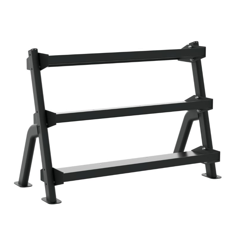 TKO Straight Handle Rubber Hex Dumbbell Set 3 Tier Universal Rack Back View