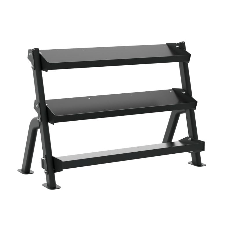 TKO Straight Handle Rubber Hex Dumbbell Set 3 Tier Universal Rack Side View
