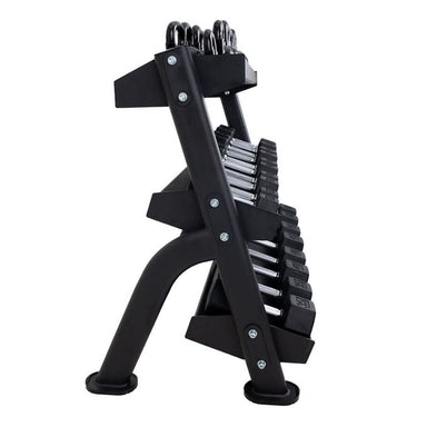 TKO Straight Handle Rubber Hex Dumbbell Set 3 Tier Universal Rack Side View