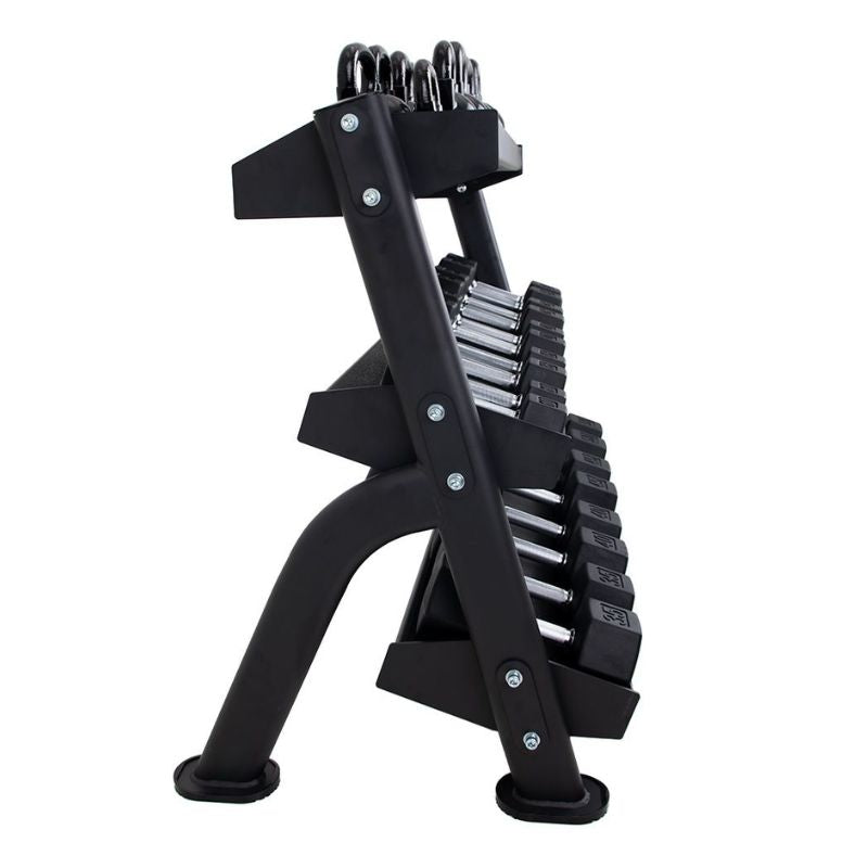TKO Straight Handle Rubber Hex Dumbbell Set 3 Tier Universal Rack Side View