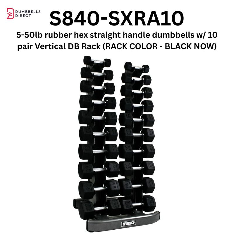 TKO Strength 10 Pair Vertical Dumbbell Rack - 840VDR10-BK with 5-50lb Rubber Hex Straight handle Dumbbells