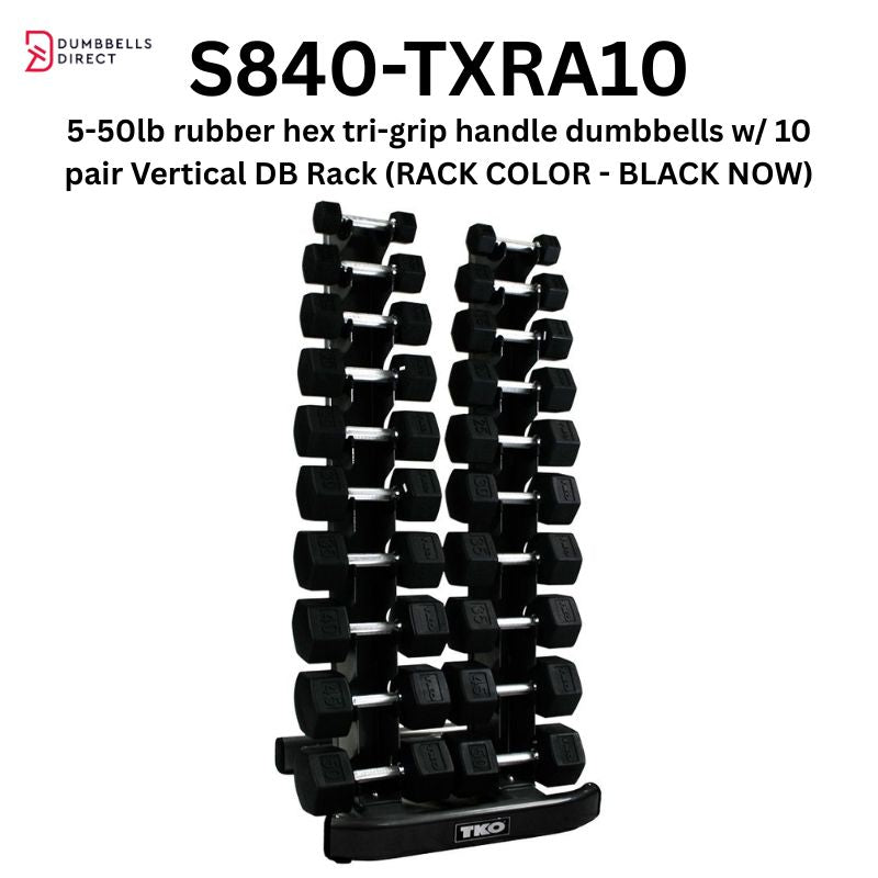 TKO Strength 10 Pair Vertical Dumbbell Rack - 840VDR10-BK with 5-50lb Rubber Hex Tri-Grip Handle Dumbbells