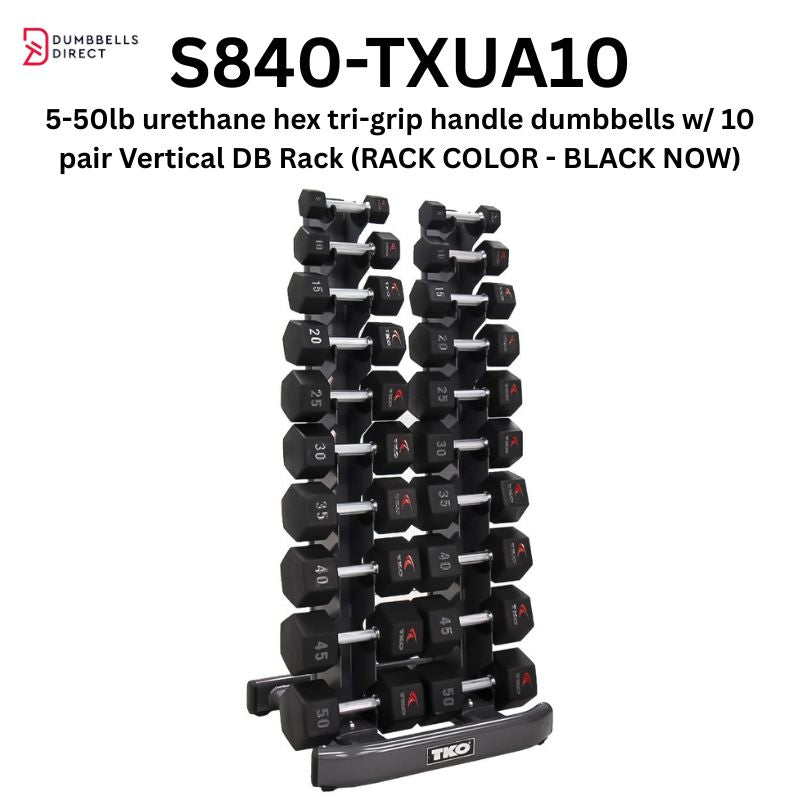 TKO Strength 10 Pair Vertical Dumbbell Rack - 840VDR10-BK with 5-50lb Urethane Hex Tri-Grip Handle Dumbbells