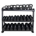 TKO Strength 3-Tier Adjustable Tray Rack - 892DKR with Hex Dumbbells and Kettlebells