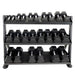 TKO Strength 3-Tier Adjustable Tray Rack - 892DKR with Rubber Hex dumbbells