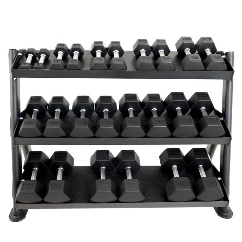TKO Strength 3-Tier Adjustable Tray Rack - 892DKR with Rubber Hex dumbbells