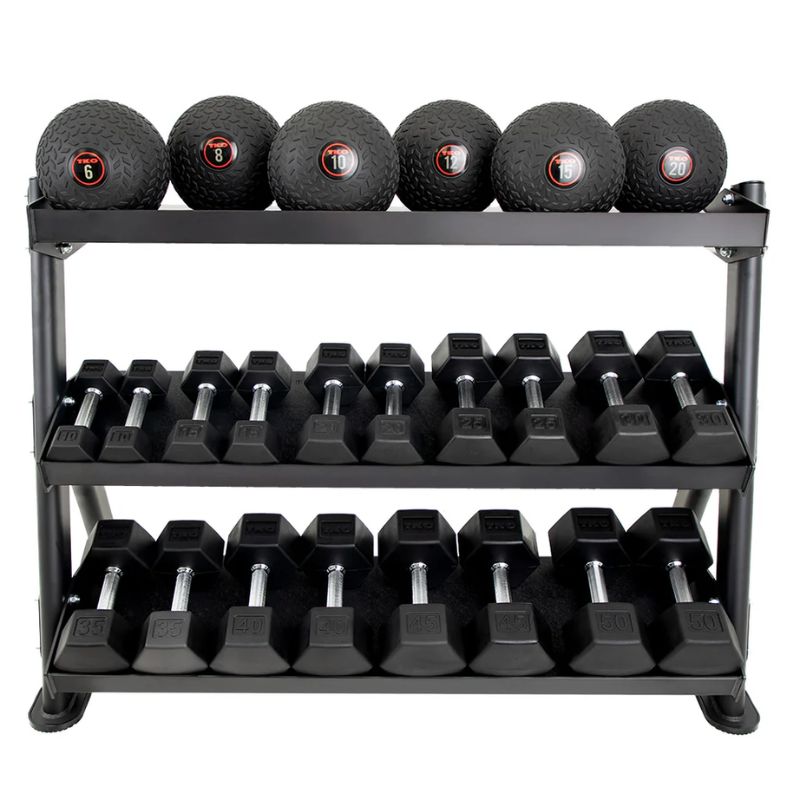 TKO Strength 3-Tier Adjustable Tray Rack - 892DKR with Dumbbells set