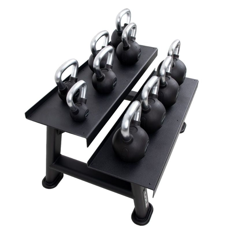 TKO Strength 5–50 lb Rubber Kettlebell Set with 2-Tier Rack - S859-KBR5-50 Angled View