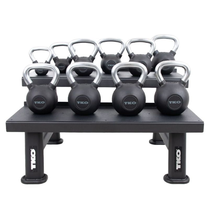 TKO Strength 5–50 lb Rubber Kettlebell Set with 2-Tier Rack - S859-KBR5-50 Front View