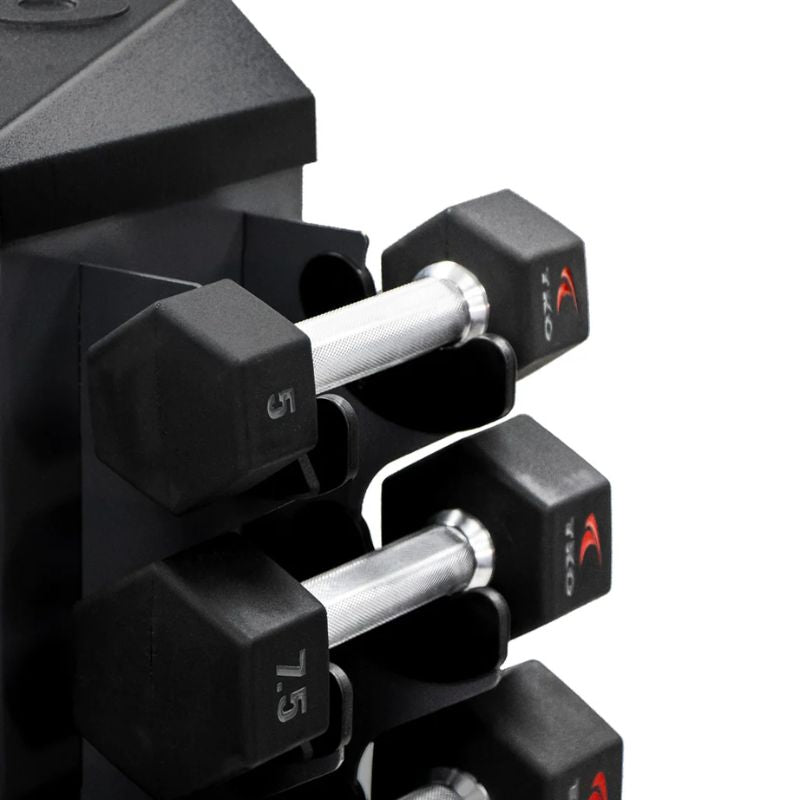 TKO Strength 8 PAIR VERTICAL DUMBBELL RACK (Black) - 826VDR8-BK close up details of 5.lb and 7.5 lb dumbbells