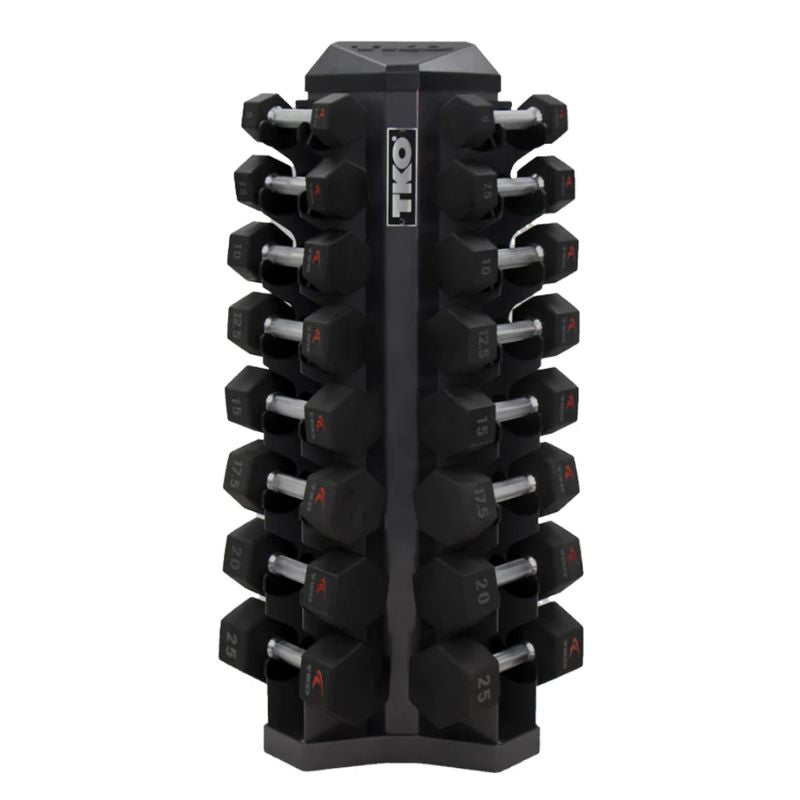 TKO Strength 8 PAIR VERTICAL DUMBBELL RACK (Black) - 826VDR8-BK with 5-25lb Urethane Dumbbells