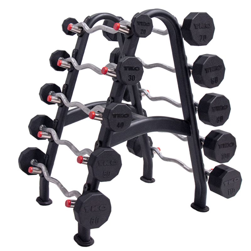 TKO Strength Barbell Rack for Rubber Barbells - 846BBR-BK with 20-110lb Fixed Curl Barbell Set