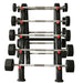 TKO Strength Barbell Rack for Rubber Barbells - 846BBR-BK with 20-110lb Set of Fixed Straight Barbell Front View