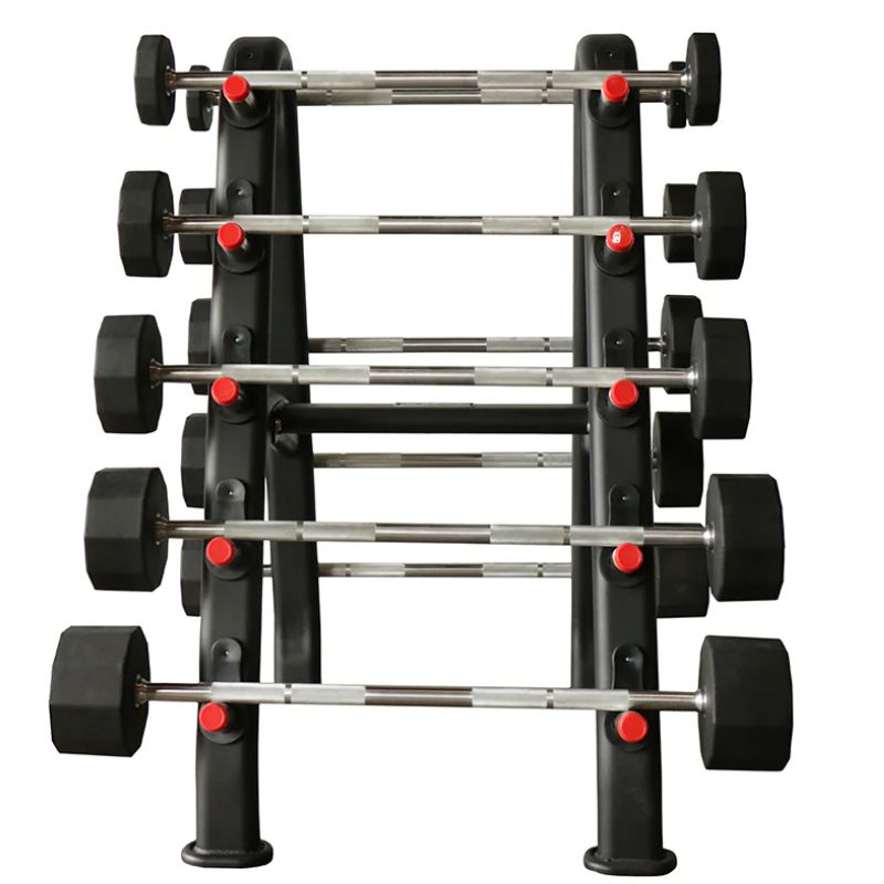 TKO Strength Barbell Rack for Rubber Barbells - 846BBR-BK with 20-110lb Set of Fixed Straight Barbell Front View