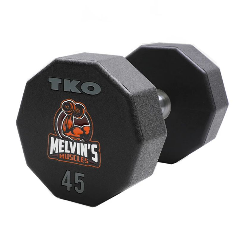 TKO Strength Custom Logo 10-Sided Urethane Dumbbell 45 lb w  Melvin's Muscles Logo